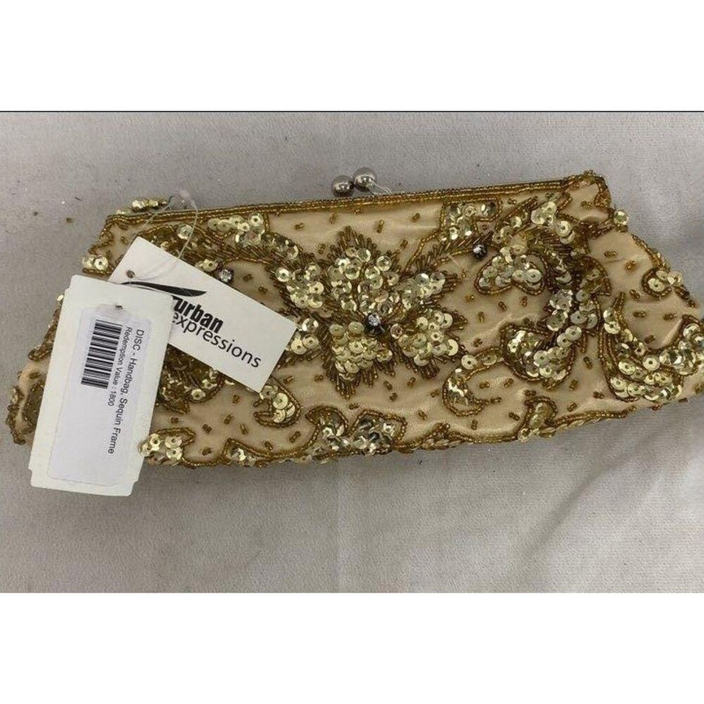 Urban Expressions Gold Sequin Beaded Frame Clutch Evening Bag Handbag NWT